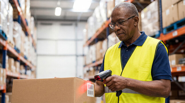 Senior Black logistics worker in a safety vest scanning a barcode on a cardboard box with a scanner in a large warehouse aisle. - Powered by Adobe
