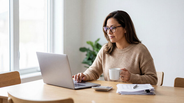 Focused middle-aged woman in glasses sitting at a wooden table, working on finances and filing taxes online with a laptop at home.