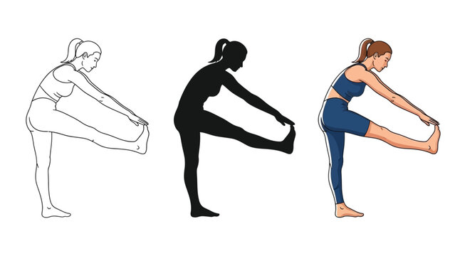 Set of three illustrations showing a woman performing standing head to knee pose parsva upavistha konasana variation in outline, silhouette, and full color styles