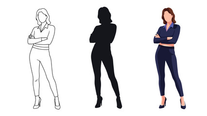 Businesswoman character set outline drawing, silhouette, and full color illustration of a confident professional woman with arms crossed