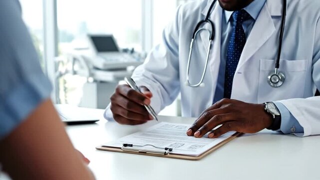 Doctor consulting with patient in office setting using clipboard, stethoscope, and digital tablet for healthcare advice and personalized treatment plan