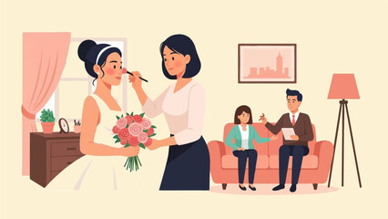 An illustration of a bride getting makeup applied while holding a bouquet, and a couple consulting