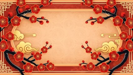 Horizontal frame decorated with blooming red plum blossom branches and golden clouds on a textured paper-style background.