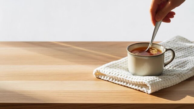 Mental health workplace wellness morning coffee cup in hand on wooden table with spoon and sunlight warm tea calm mood gentle steam peaceful comfort self care focus break time