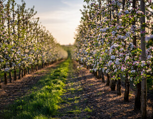 Obraz premium Summer vista showcasing an orchard abloom with apple trees, ideal as a scenic agricultural background for layouts.