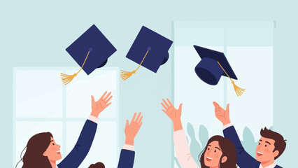 Illustrated students joyfully tossing graduation caps into the air, celebrating their academic achievement