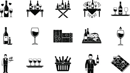 Wine icon set collection, black and white silhouettes including bottles, glasses, waiter, cheese, picnic, romantic dinner, tasting, restaurant service symbols.