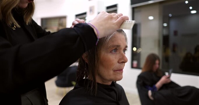 Professional hairdresser carefully combing and sectioning an older woman's wet, gray hair with a white comb, preparing for a haircut while she sits calmly in the salon chair