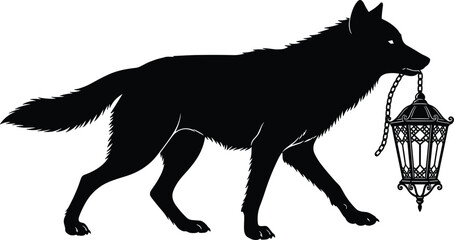 Wolf silhouette carrying lantern, mysterious wild animal night scene illustration isolated on white background fantasy vector design art © Tohidul