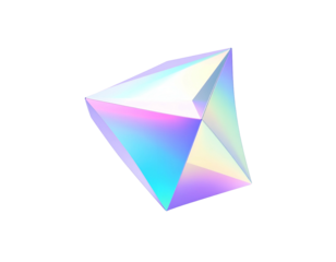 Holographic geometric shape, iridescent crystal prism, floating on black