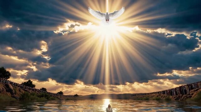 Jesus&rsquo; baptism in the Jordan with radiant light and a descending dove, expressing renewal.