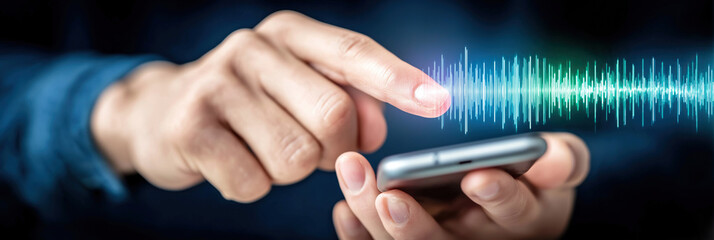 Finger taps smartphone while glowing waveform indicates voice technology interaction.