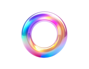 Glossy, iridescent torus floats against black background