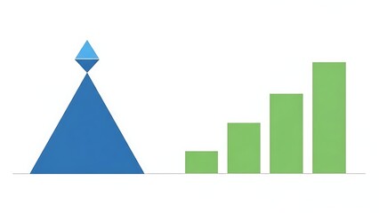 Business growth chart with blue pyramid and green bars rising