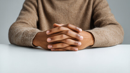 Thoughtful Individual with Folded Hands in a Cozy Sweater against a Soft Background for Concepts of Reflection and Calmness