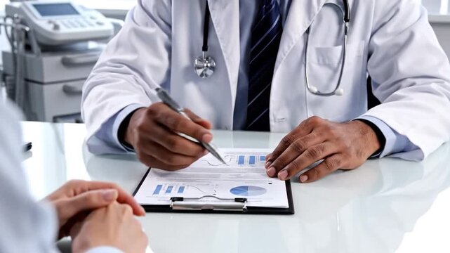 Doctor consulting patient about health condition and providing medical advice regarding treatment options and diagnosis in professional office setting