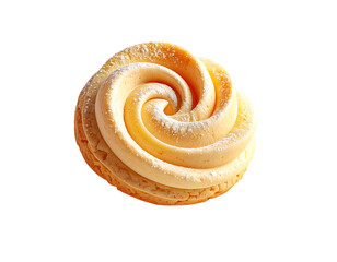 Fototapeta premium A close-up of a circular pastry with a swirled cream topping and powdered sugar
