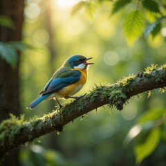 Naklejka premium Colorful songbird perched on a mossy branch, singing in a sunlit forest