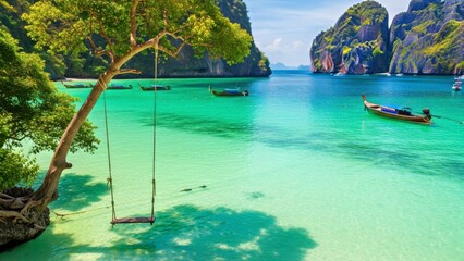 Tropical Turquoise Lagoon with Wooden Boats Floating Near Lush Green Cliffs and a Swinging Tree