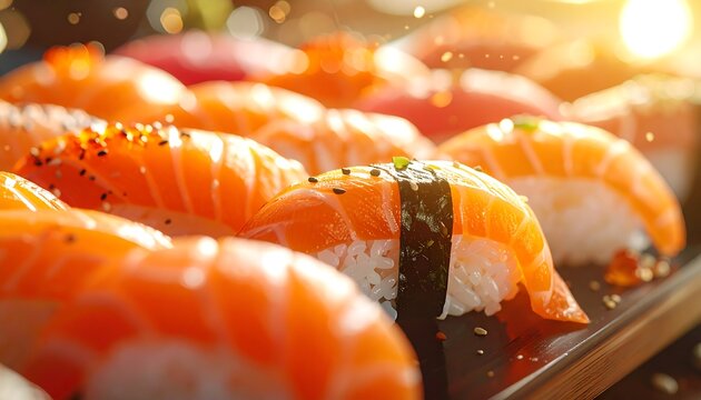 A close-up of assorted sushi pieces on a plate