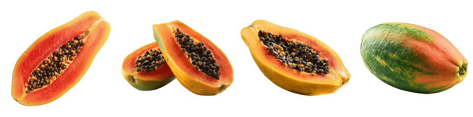 Fresh Ripe Papaya Fruit Collection with Slices and Black Seeds PNG, transparent background