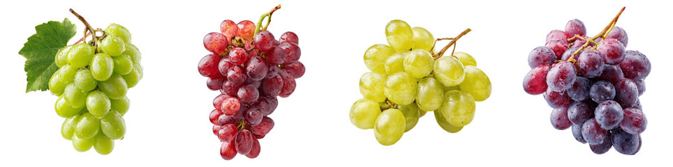Fresh Assorted Grapes Collection Green Red and Purple Fruit Bunches Isolated PNG, transparent background