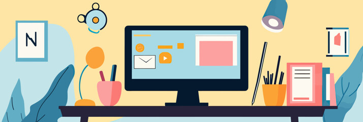 Modern minimalist workspace illustration with desktop computer, books, plants, desk lamp, and stationery on yellow background for online education and remote work concept