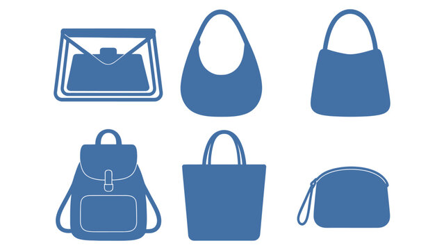 A collection of various blue handbags and backpacks on a white background