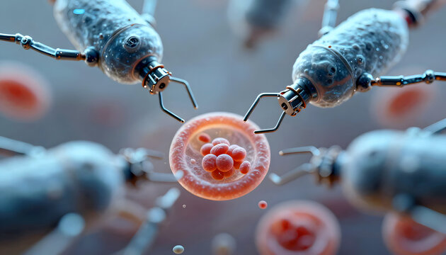 Microscopic robotic manipulators holding cell cluster, biotechnical scene with soft lighting