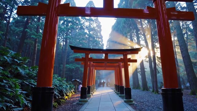 Visitors walk and bow through torii gates at a Shinto shrine in misty morning light, expressing reverence and tradition.