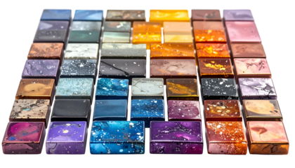 Array of colorful, textured chocolates arranged in a geometric grid