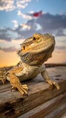 A close-up of a lizard on a wooden surface against a sunset backdrop