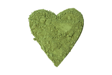 Green matcha tea powder isolated on white background. Heart shape, Valentine's Day, Top view.