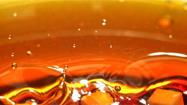 Cozy cafe in winter mood with sugar cube falling into hot tea drink creating splash and golden liquid surface sparkle in warm light reflection warm glow abstract background soft bokeh macro detail