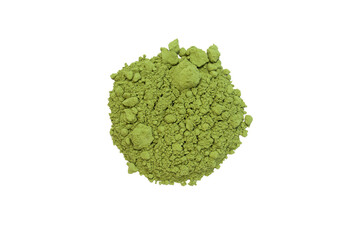 Green matcha tea powder isolated on white background. Top view.