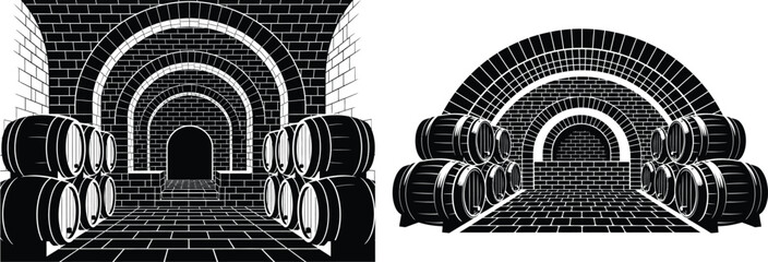 Fototapeta premium Two wine cellars with brick arches and wooden barrels, distinctive perspective illustration