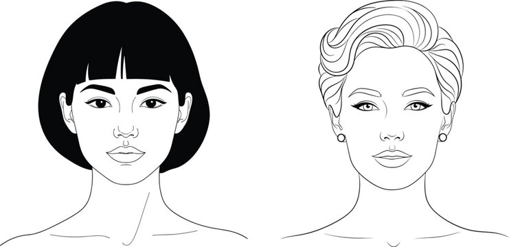 Two women portraits, line art illustration with different hairstyles and facial features, style