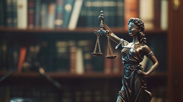 blindfold. A detailed close-up of the classical Lady Justice statue, highlighted against a blurred law office backdrop. event programs.