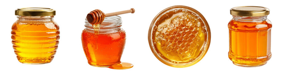 Fresh Organic Honey in Glass Jars with Wooden Dipper and Honeycomb Collection, PNG, transparent background