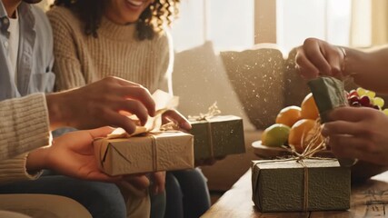 Hands exchanging beautifully wrapped gifts during festive gathering with warm sunlight in cozy atmosphere