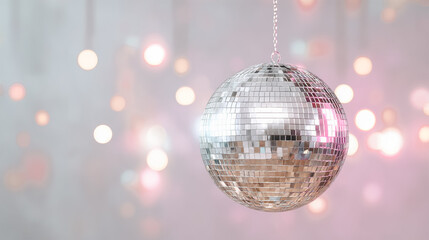 Obraz premium Sparkling disco ball hanging against a soft bokeh background with warm lights