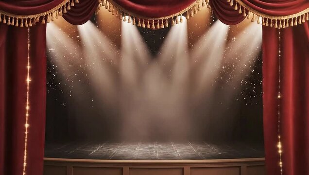 Red velvet stage curtains opening to reveal a brightly lit empty stage.