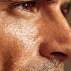 Macro image of oily facial skin with enlarged pores and natural texture on white background