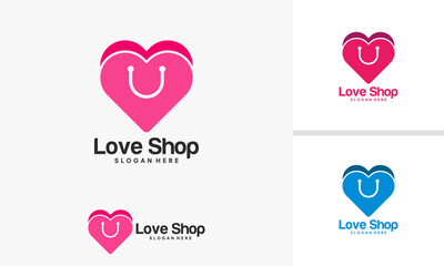 Love Shop Logo Design Heart Shape Shopping Bag Combination.