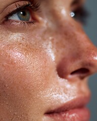 Fototapeta premium Macro image of oily facial skin with enlarged pores and natural texture on white background