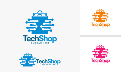 Tech Shop Logo Design with Shopping Bag and Circuit Elements.