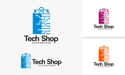 Tech Shop Logo Design with Circuit Board Elements.