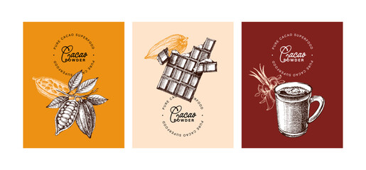 Hand drawn sketch cocoa chocolate product banner set. Vintage vector illustration of natural healthy food. Packaging design of cacao powder