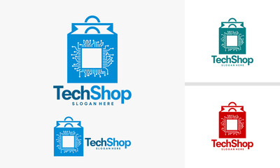 Tech Shop Logo Design with Shopping Bag and Circuit Board Elements.
