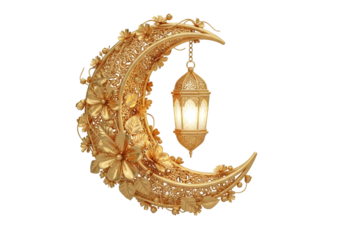 golden crescent moon with hanging lantern, ramadan ornament